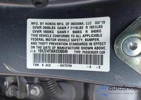 2019 Honda Insight Ex из США, поврежденный, VIN 19XZE4F56KE030049